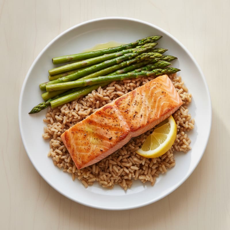 Seared Salmon with Steamed Asparagus and Brown Rice