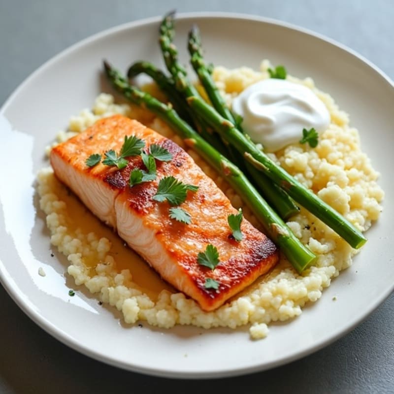 Seared Salmon with Roasted Asparagus and Cauliflower Mash