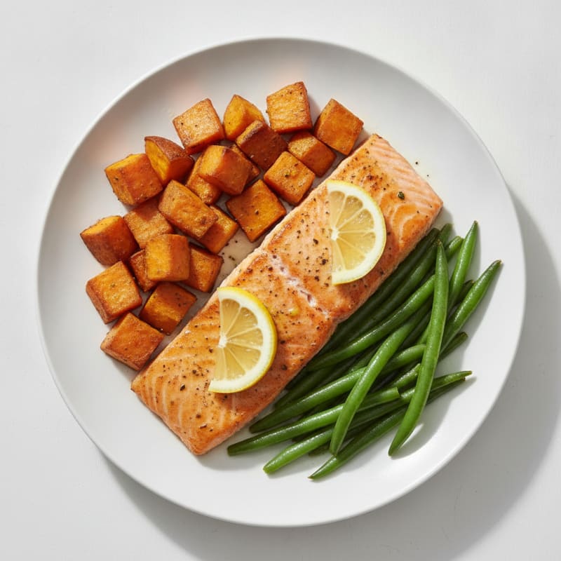 Seared Salmon Fillet with Roasted Sweet Potatoes and Green Beans