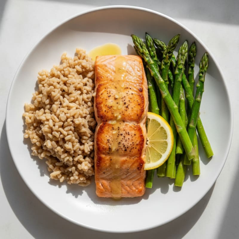 Seared Salmon with Steamed Asparagus and Brown Rice