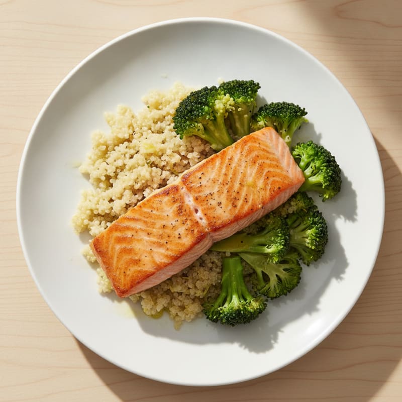 Seared Salmon with Steamed Broccoli and Lemon Quinoa