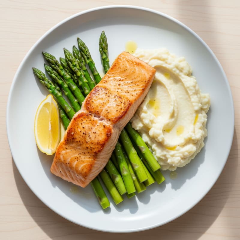 Seared Salmon with Steamed Asparagus and Garlic Mashed Cauliflower