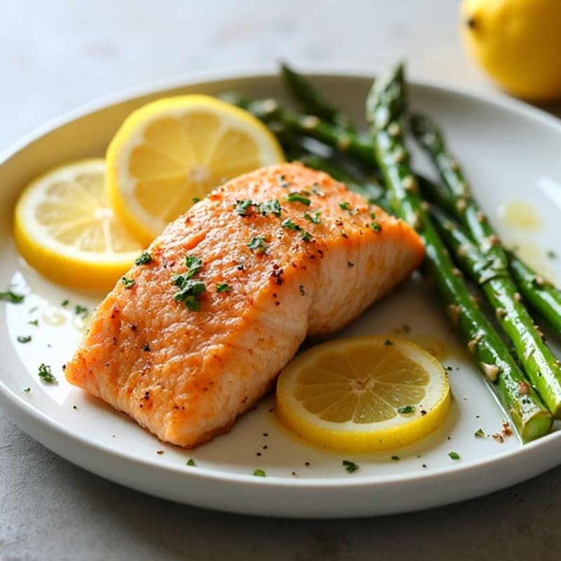 Lemon Garlic Pan Seared Salmon with Steamed Asparagus