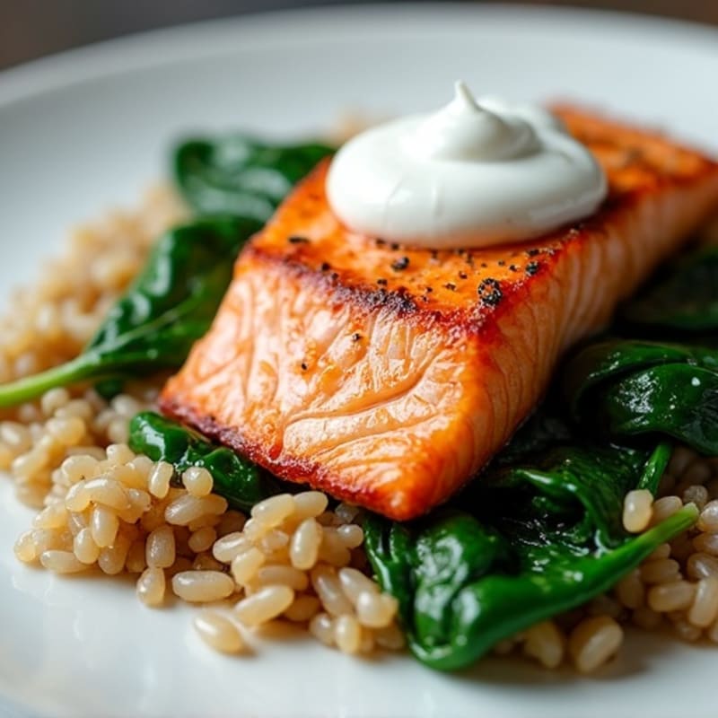 Seared Salmon with Brown Rice and Sautéed Spinach