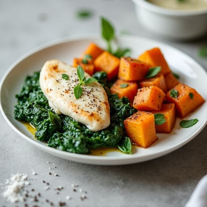 Creamy Chicken and Spinach with Roasted Sweet Potatoes