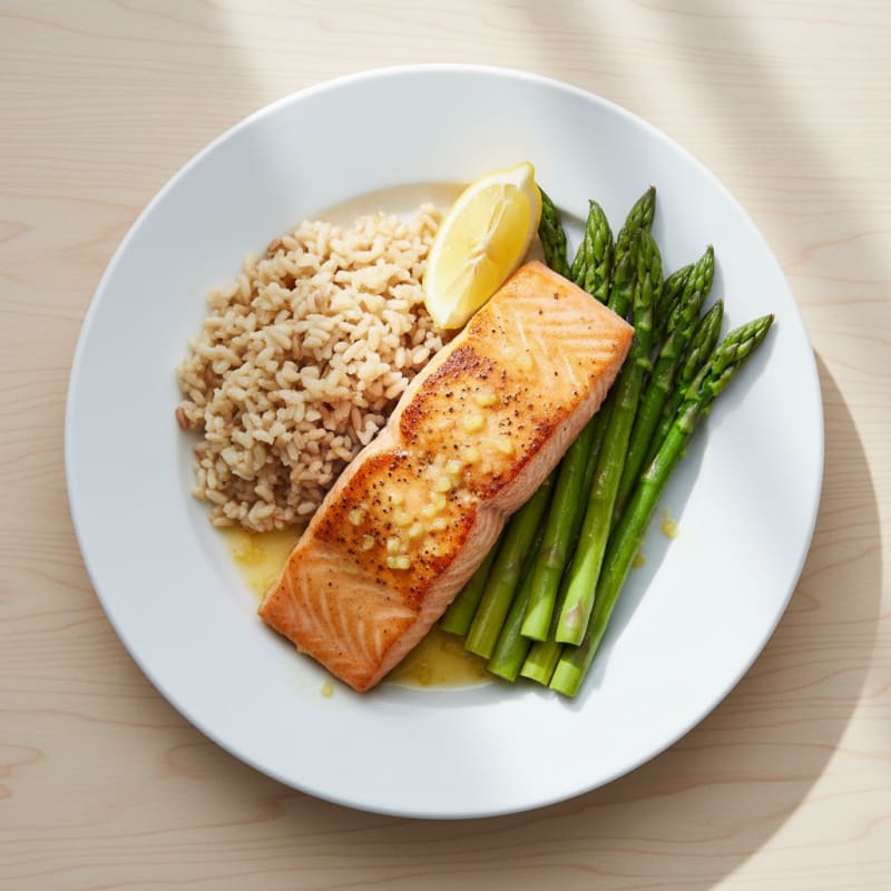 Seared Salmon with Steamed Asparagus and Brown Rice