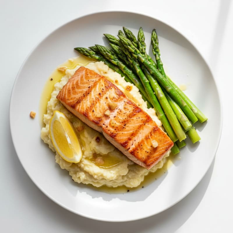 Seared Salmon with Steamed Asparagus and Garlic Mashed Cauliflower