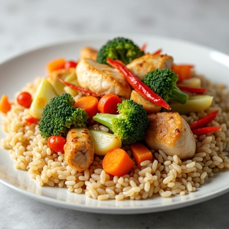 Chicken Stir-Fried Brown Rice with Crisp Vegetables