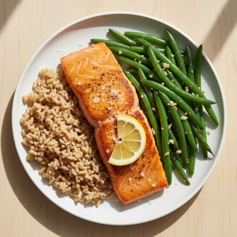 Seared Salmon with Garlic Green Beans and Brown Rice