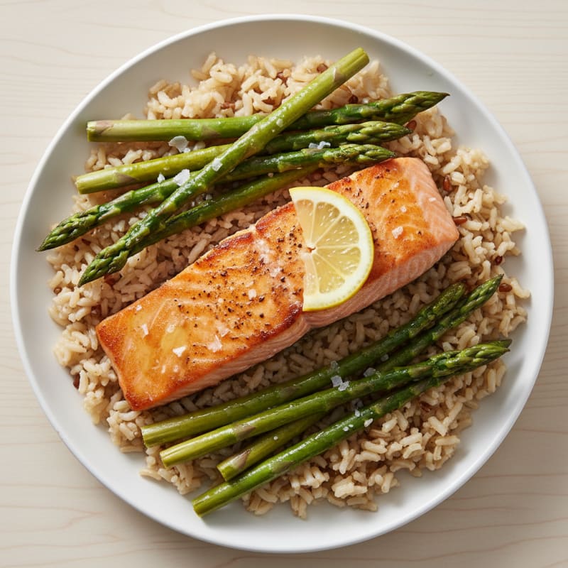 Seared Salmon with Steamed Asparagus and Brown Rice