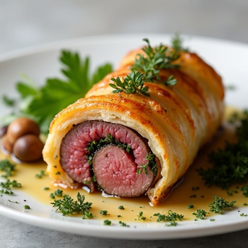 Lean Beef Tenderloin Wrapped in Crispy Phyllo with Mushroom-Herb Filling