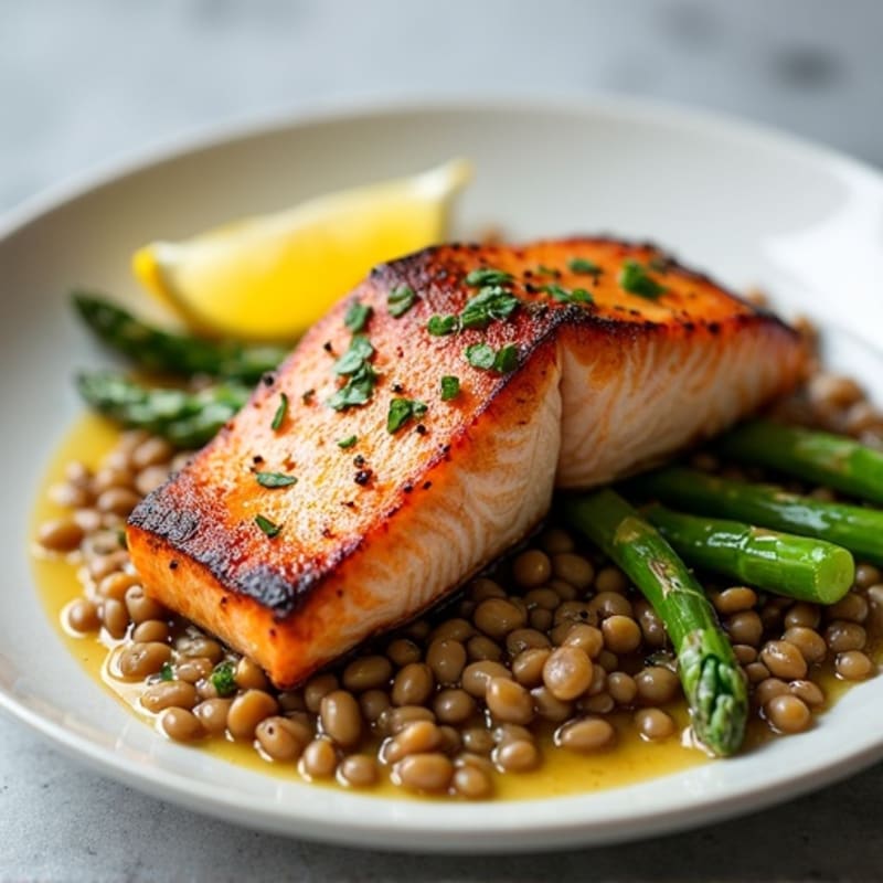 Seared Salmon Fillet with Asparagus and Lentil Salad