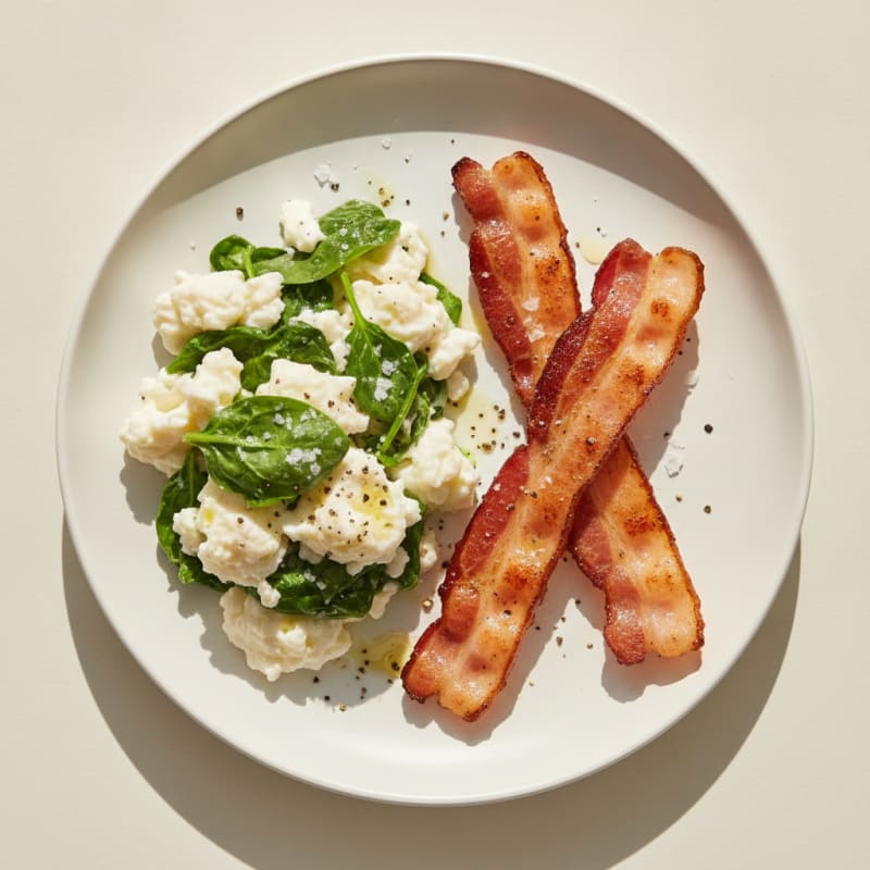 Egg White Scramble with Spinach and Grilled Turkey Bacon