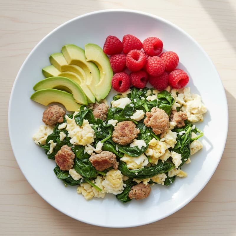 Egg White and Spinach Scramble with Turkey Sausage