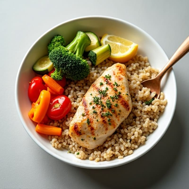Lemon Herb Chicken and Brown Rice Bowl with Roasted Vegetables