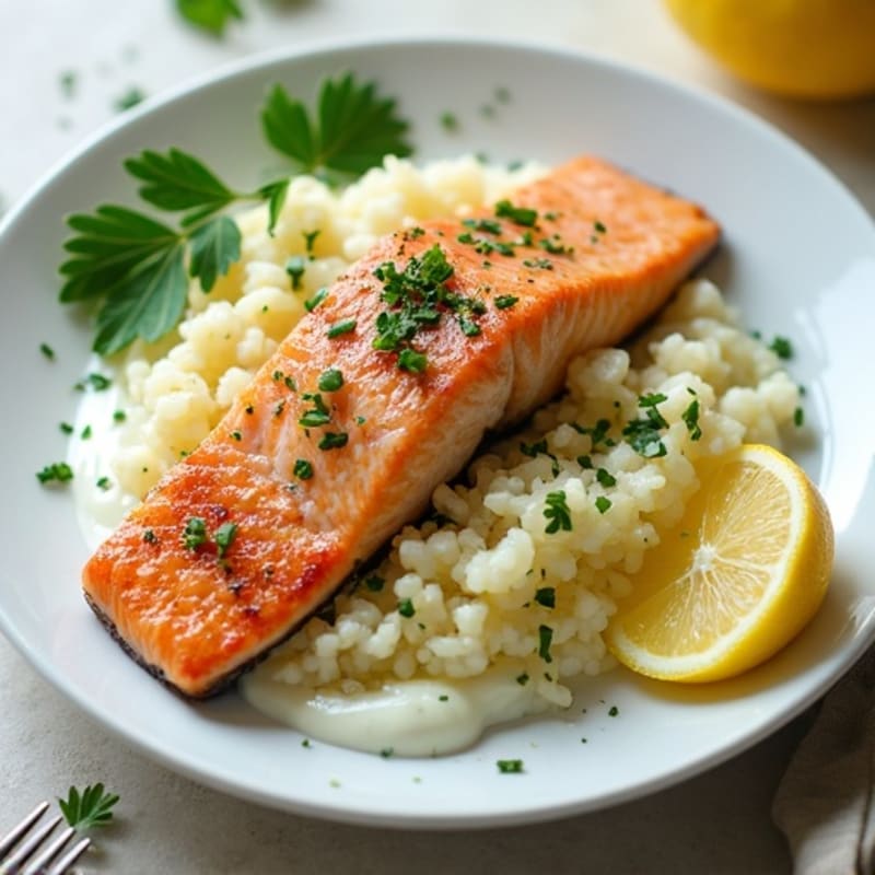 Seared Salmon with Herb Potato Mash and Steamed White Rice