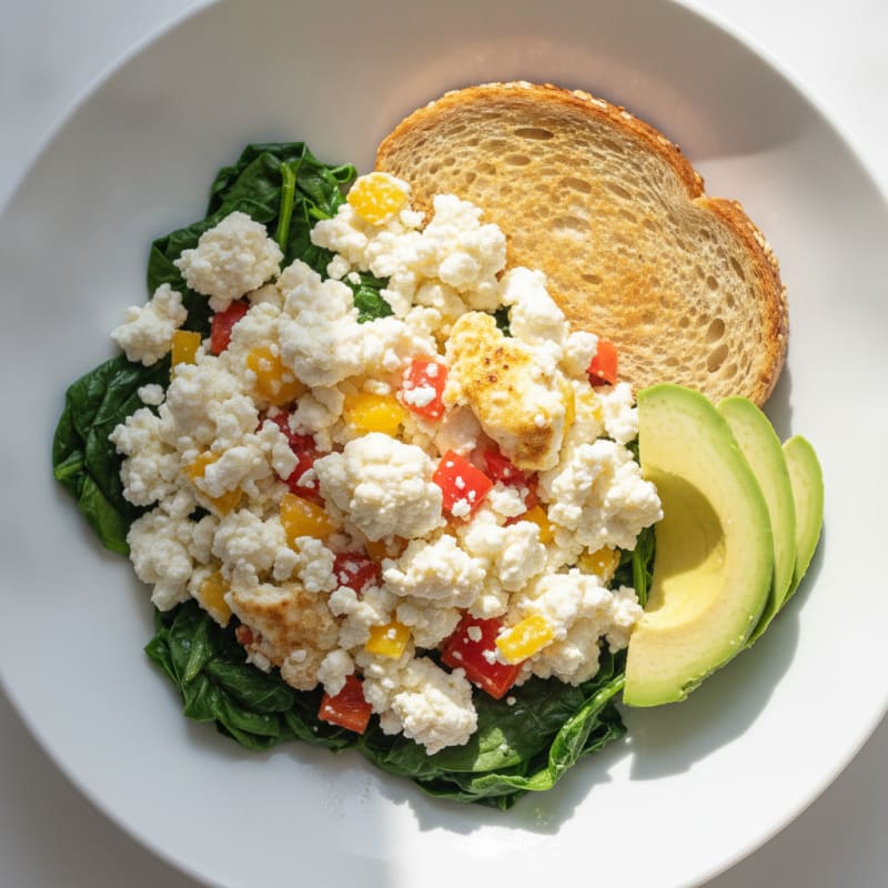 Egg White Veggie Scramble with Cottage Cheese and Sautéed Spinach