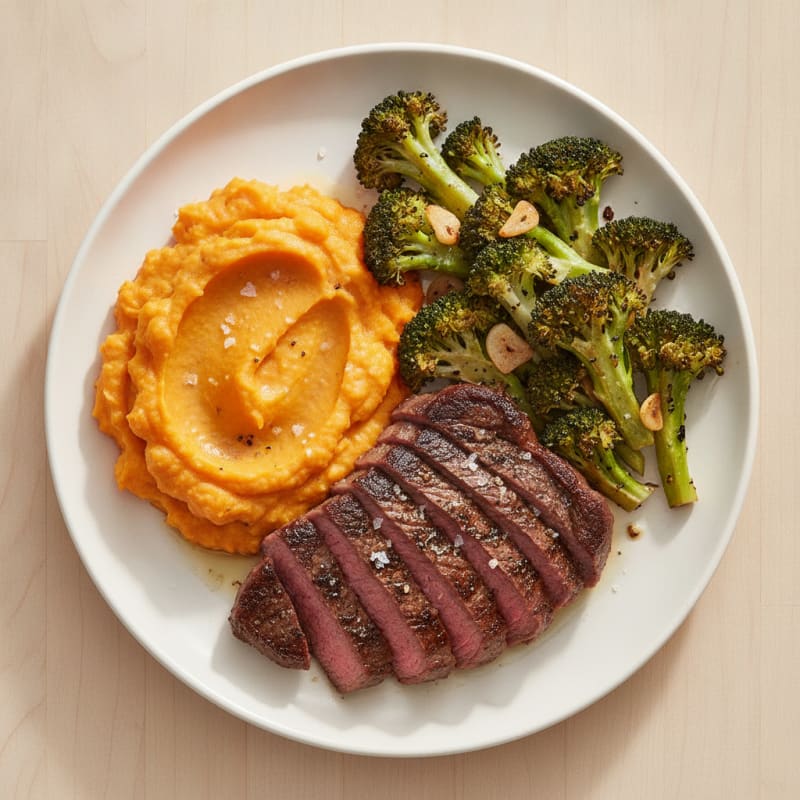 Seared Steak with Roasted Garlic Broccoli and Sweet Potato Mash