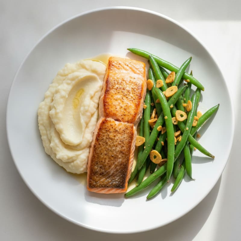 Seared Salmon with Garlic Green Beans and Cauliflower Mash