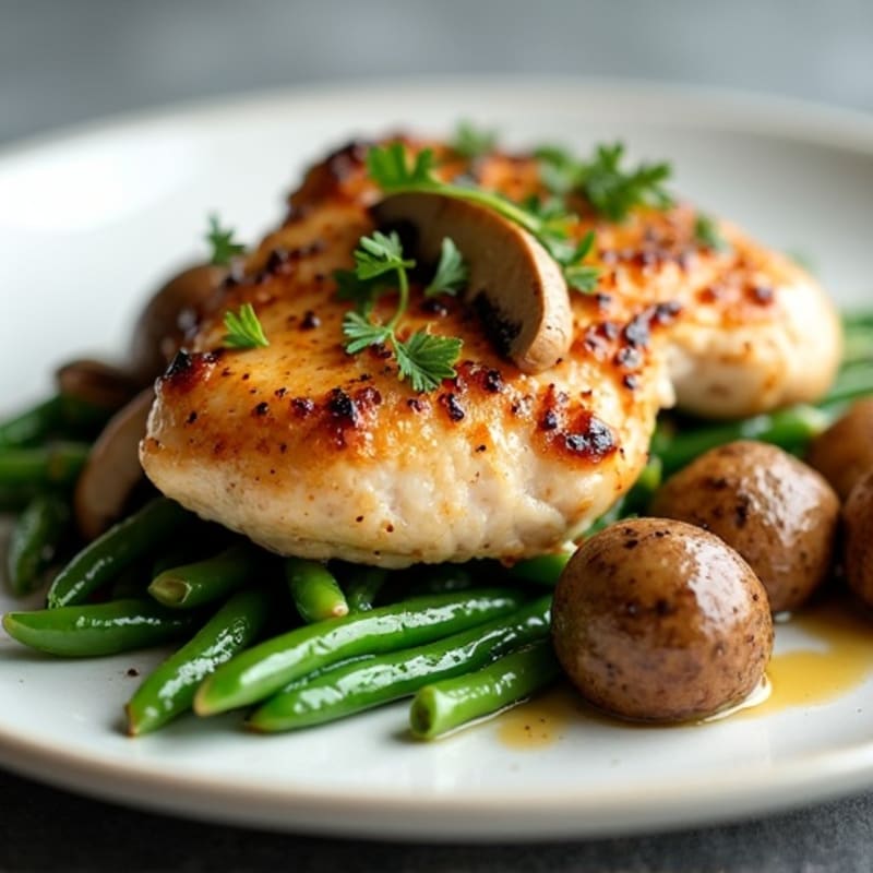 Pan-Seared Chicken with Roasted Garlic Butter Mushrooms and Crispy Green Beans