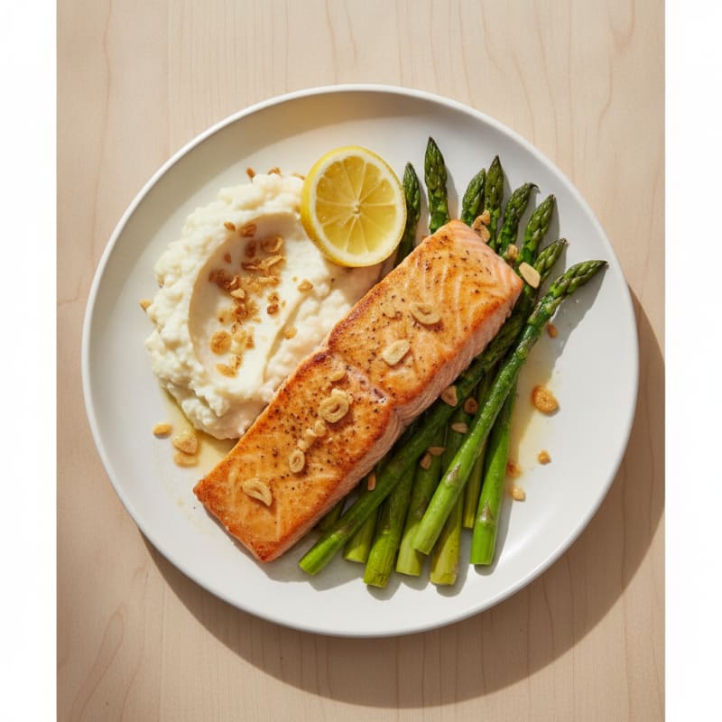Seared Salmon with Roasted Asparagus and Cauliflower Mash
