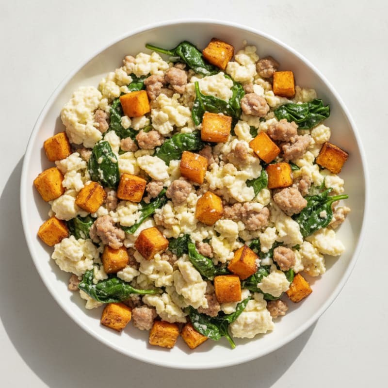 Egg White and Turkey Sausage Scramble with Spinach and Sweet Potato