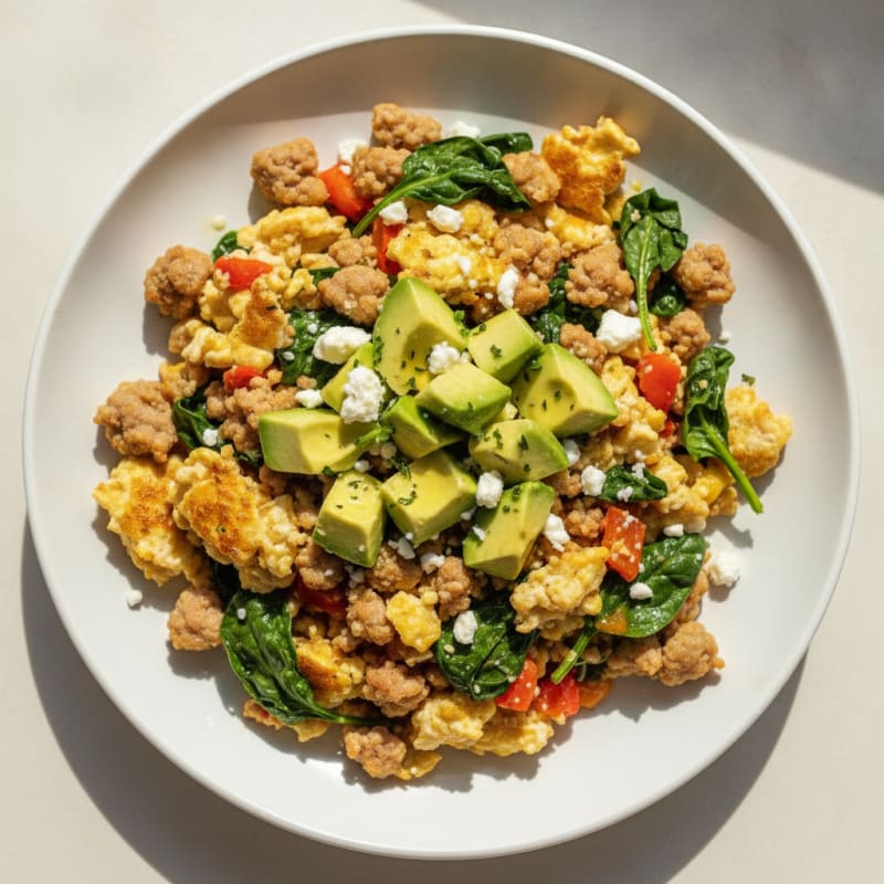 Egg White and Turkey Sausage Scramble with Sautéed Spinach