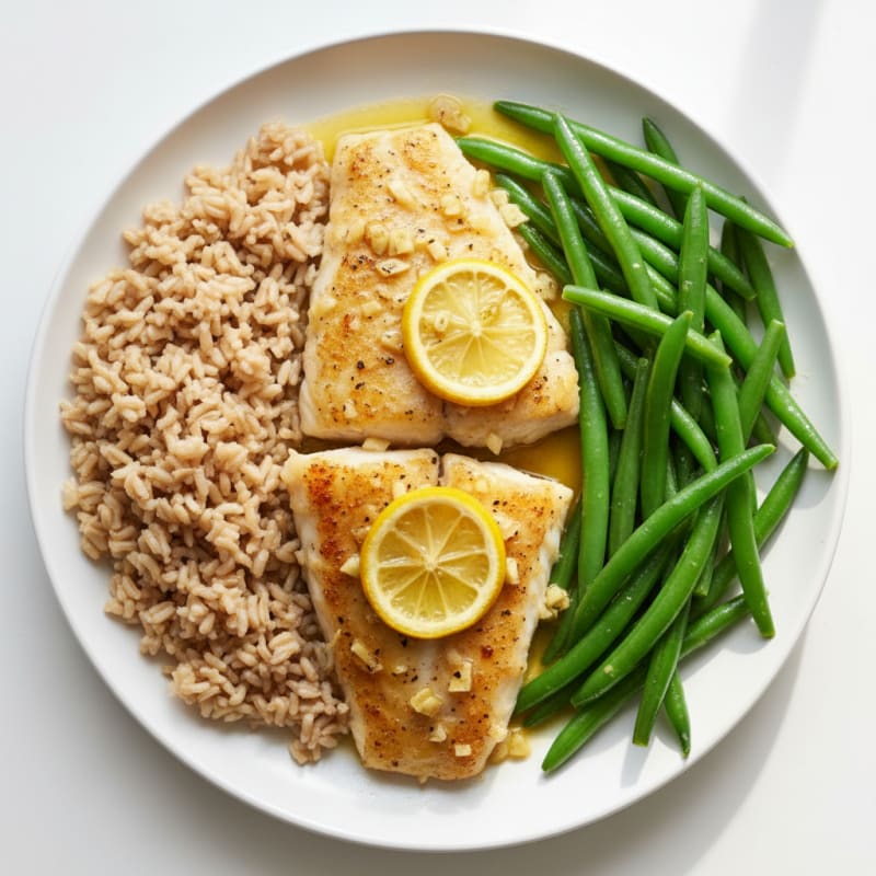 Baked Lemon Garlic Cod with Steamed Green Beans and Brown Rice
