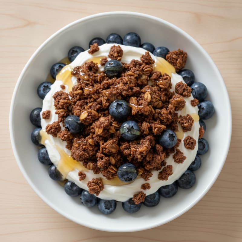 Protein Yogurt Parfait with Chocolate Protein Crumble