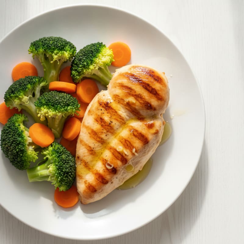 Grilled Chicken Breast with Steamed Broccoli and Carrots