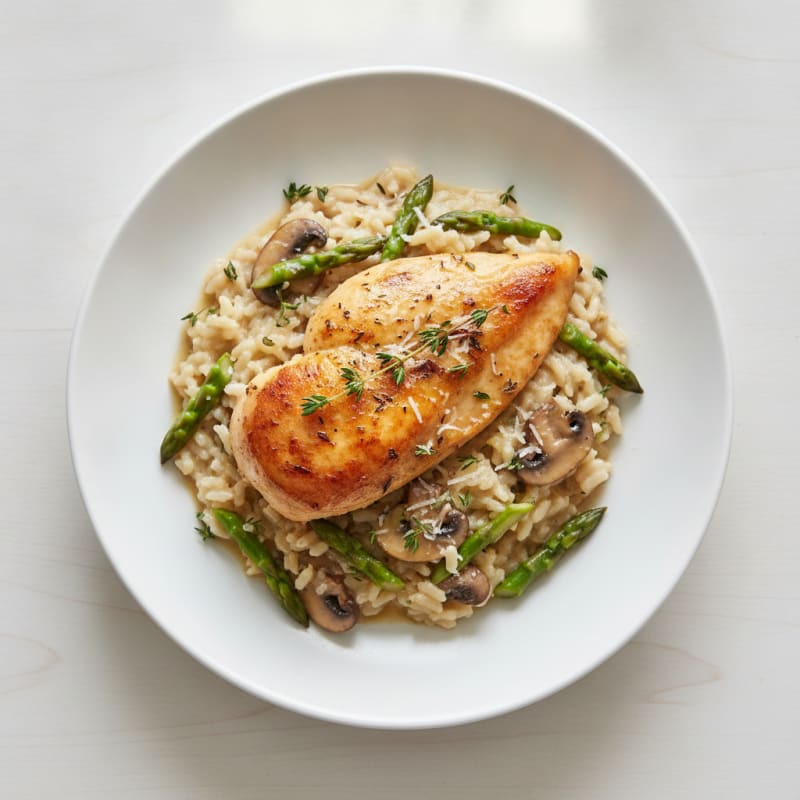 Mushroom and Asparagus Risotto with Herb-Roasted Chicken