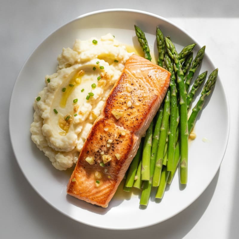 Seared Salmon with Steamed Asparagus and Garlic Mashed Cauliflower