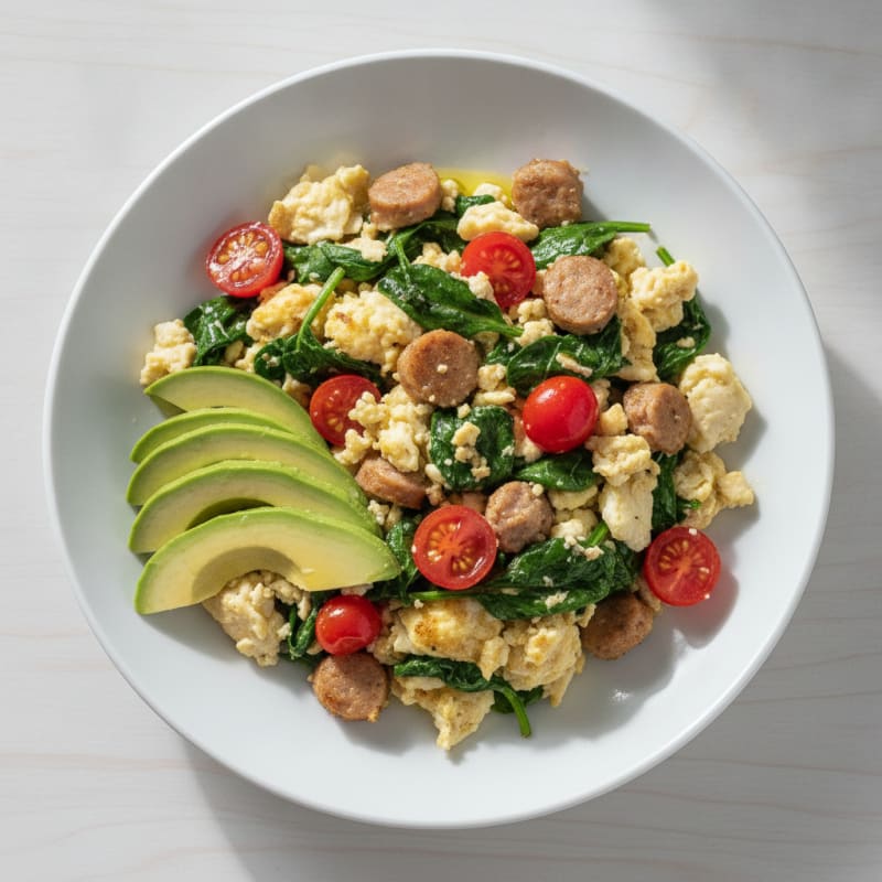 Egg White and Turkey Sausage Scramble with Spinach and Tomatoes