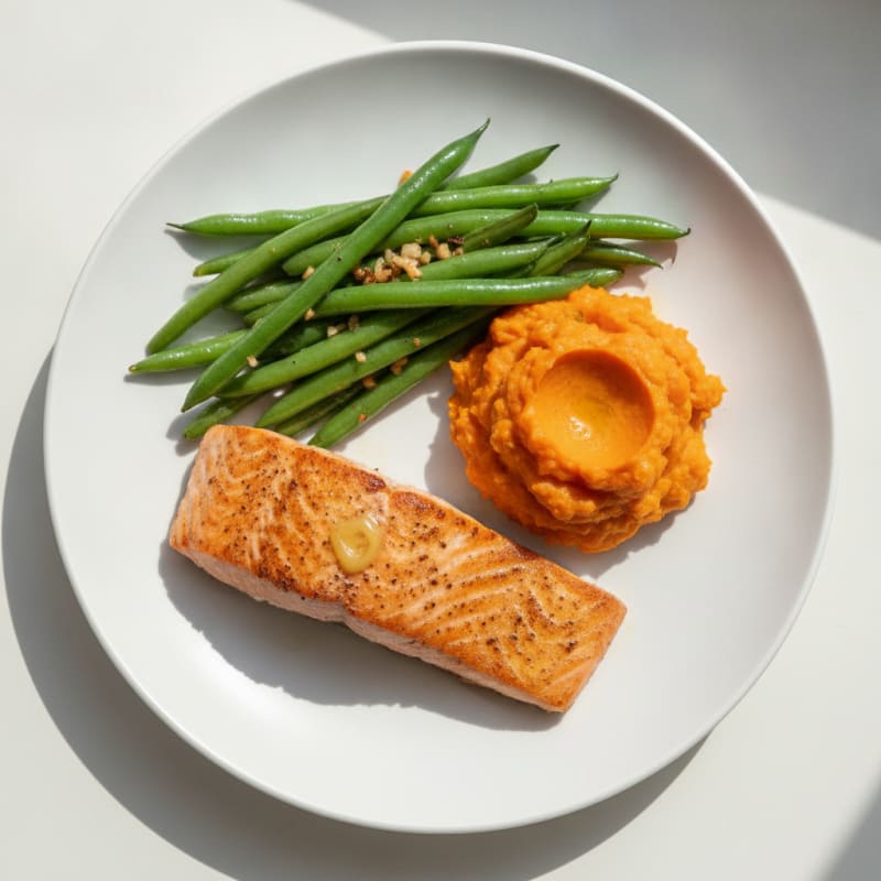 Seared Salmon with Garlic Green Beans and Sweet Potato Mash