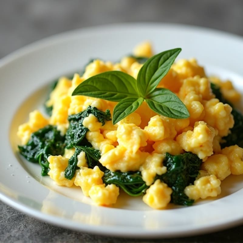 Scrambled Eggs with Cottage Cheese and Sautéed Spinach