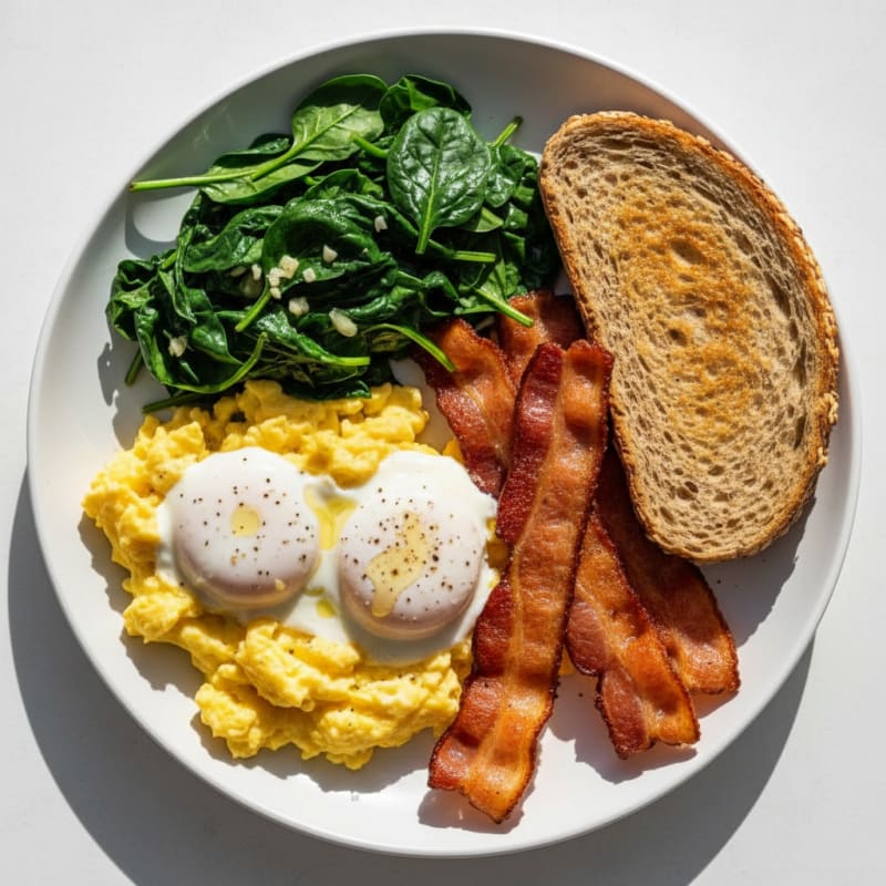 Scrambled Eggs with Sautéed Spinach and Turkey Bacon
