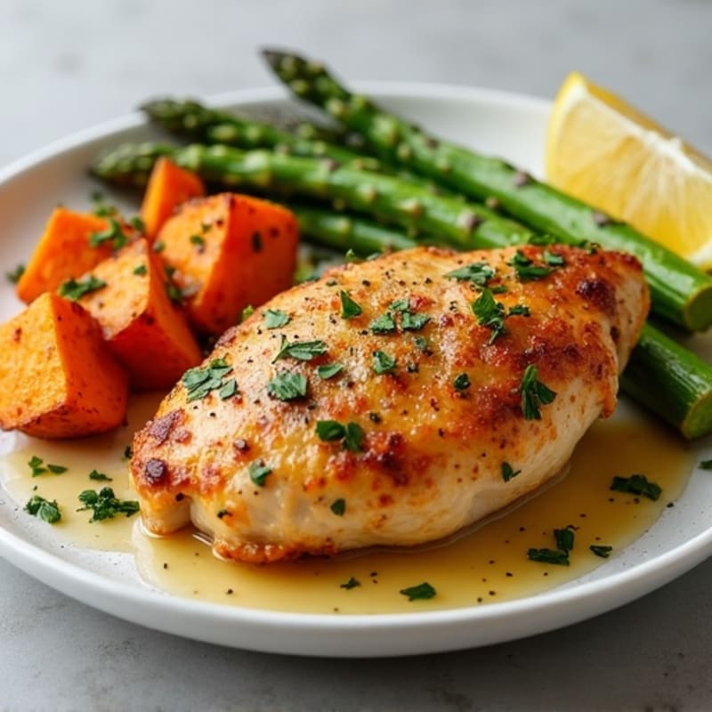 Crispy Lemon Herb Roasted Chicken with Roasted Asparagus and Sweet Potatoes