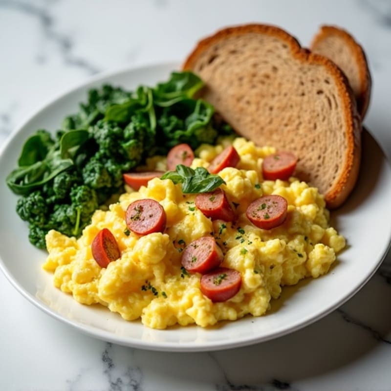 Egg White and Turkey Sausage Scramble with Sautéed Spinach