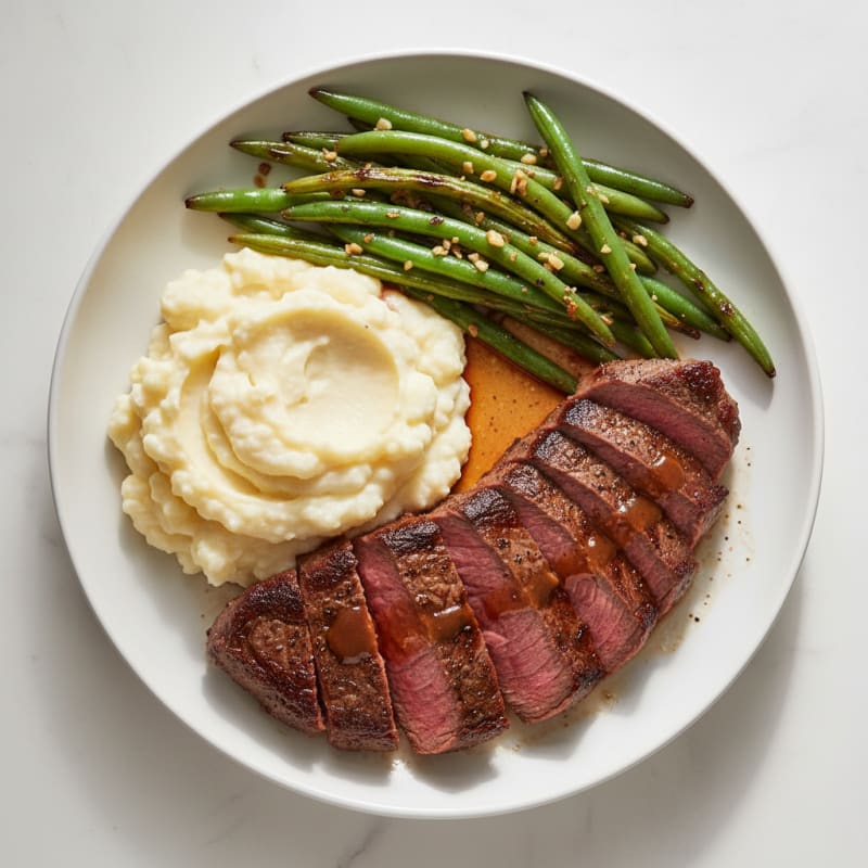 Seared Steak with Garlic Green Beans and Creamy Mashed Cauliflower