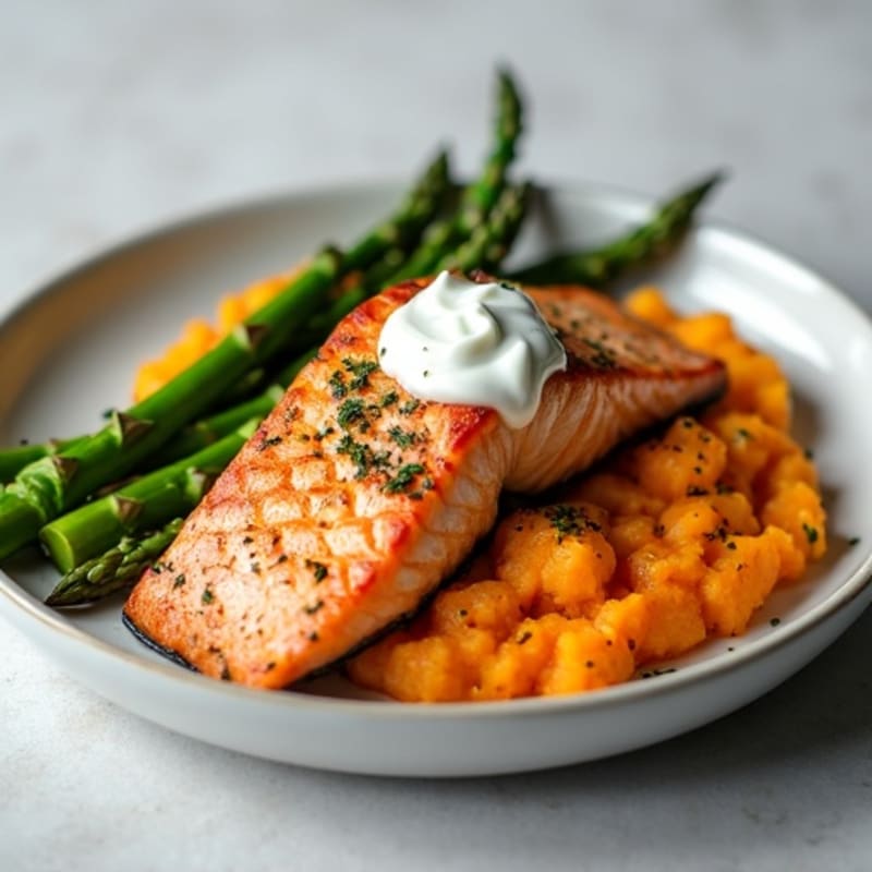 Seared Salmon with Roasted Asparagus and Sweet Potato Mash