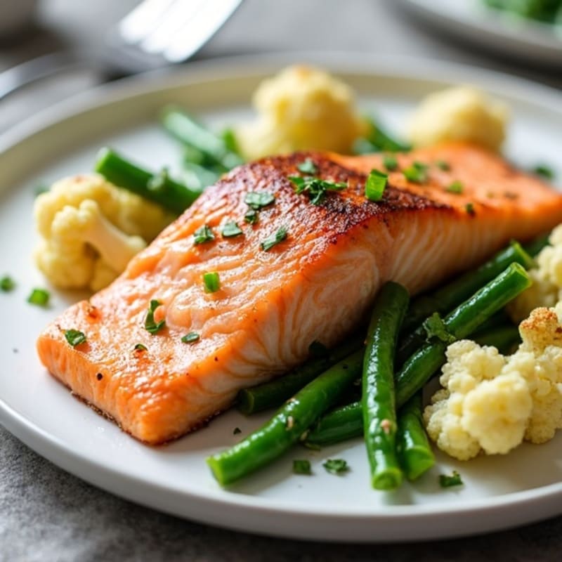 Seared Salmon with Roasted Cauliflower and Garlic Green Beans