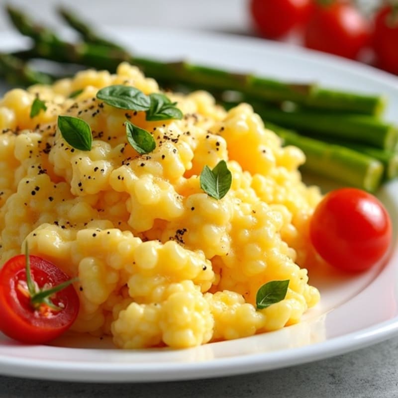 Fluffy Scrambled Eggs with Roasted Asparagus and Cherry Tomatoes