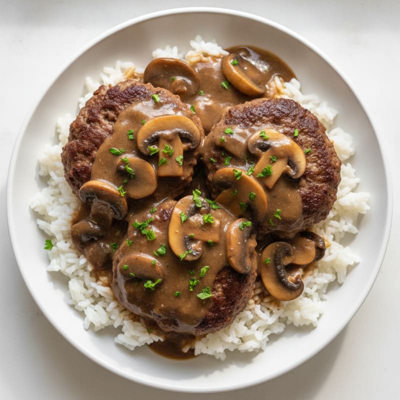 Salisbury Steak with Mushroom Gravy and Rice