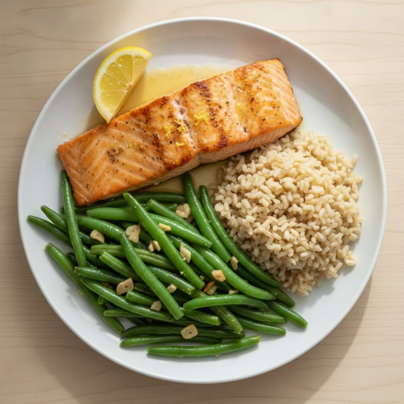 Seared Salmon with Garlic Green Beans and Brown Rice