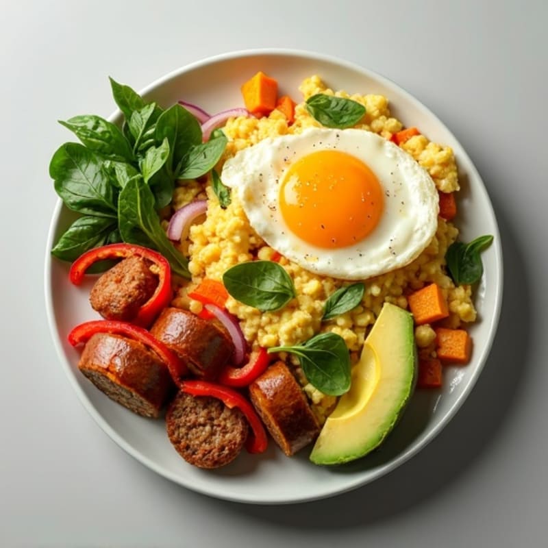 Egg White and Turkey Sausage Scramble with Roasted Sweet Potatoes