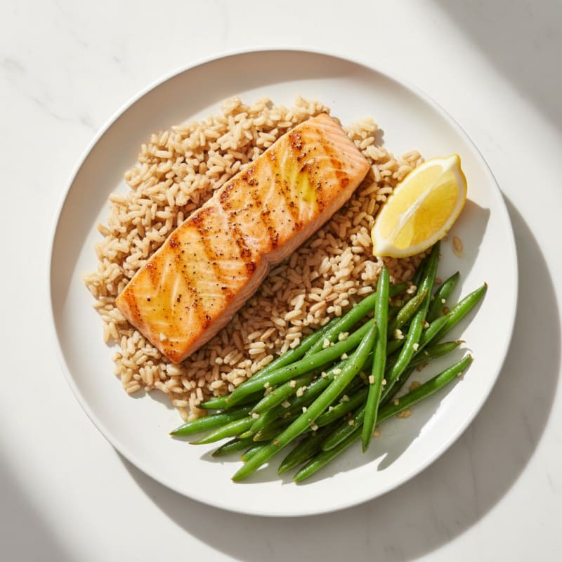 Seared Salmon Fillet with Garlic Green Beans and Brown Rice