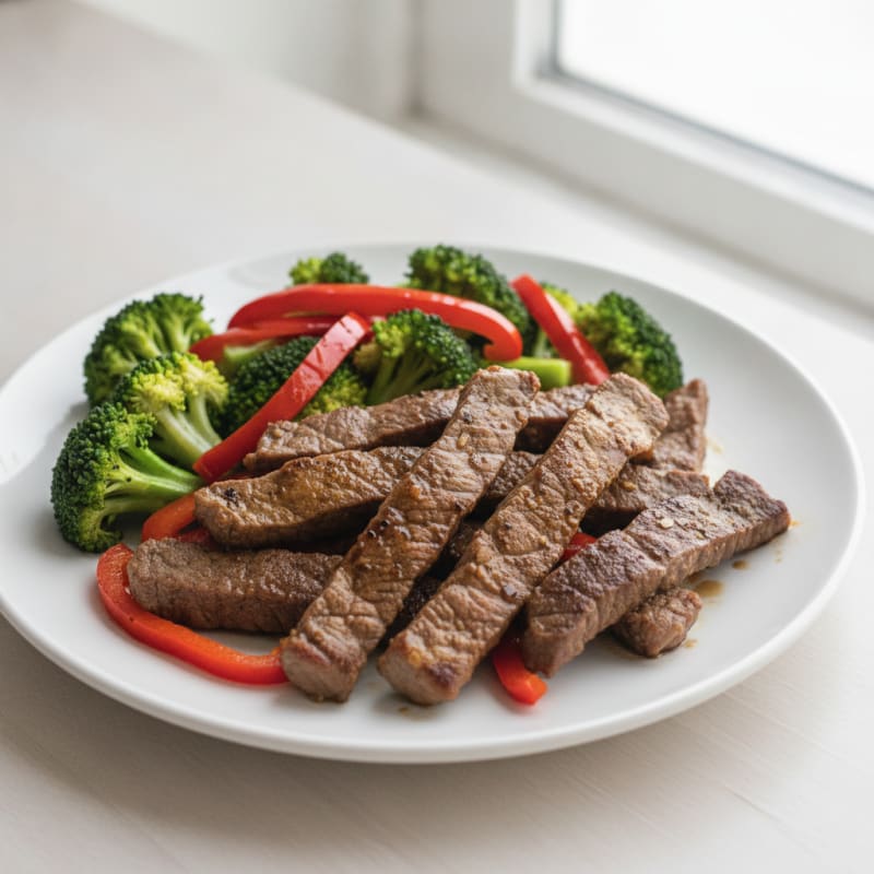 Seared Beef Strips with Steamed Broccoli and Peppers