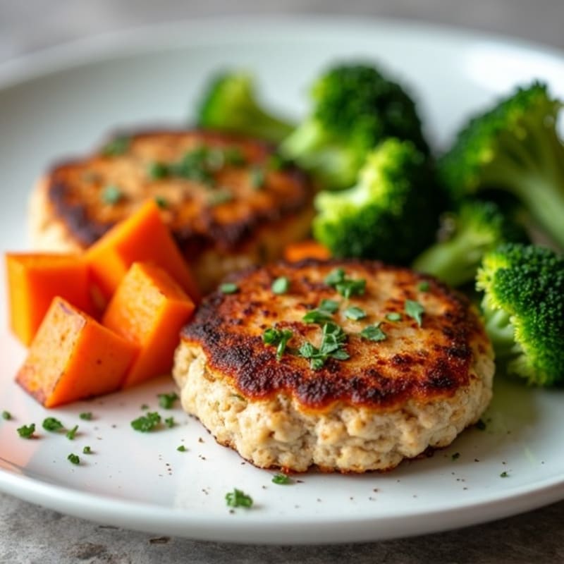 Seared Turkey Patties with Roasted Sweet Potato and Broccoli