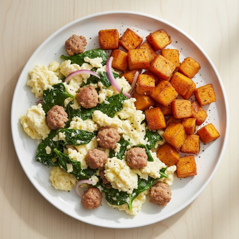 Egg White Spinach Scramble with Turkey Sausage and Roasted Sweet Potato