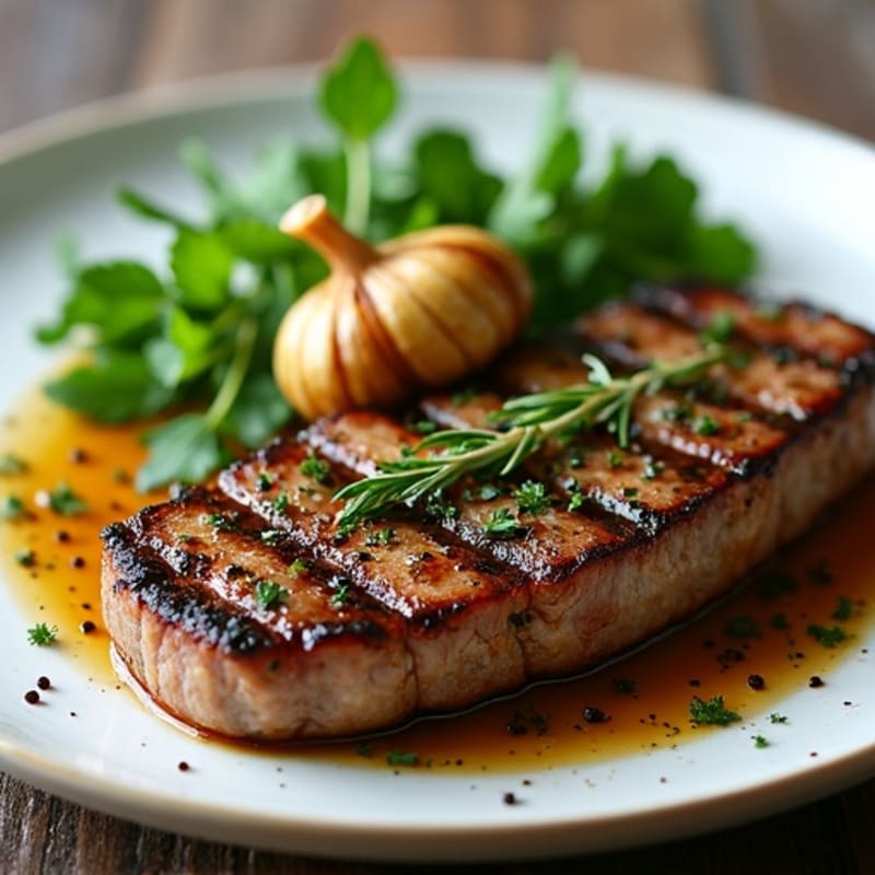 Herb-Crusted Pan Seared Steak with Roasted Garlic